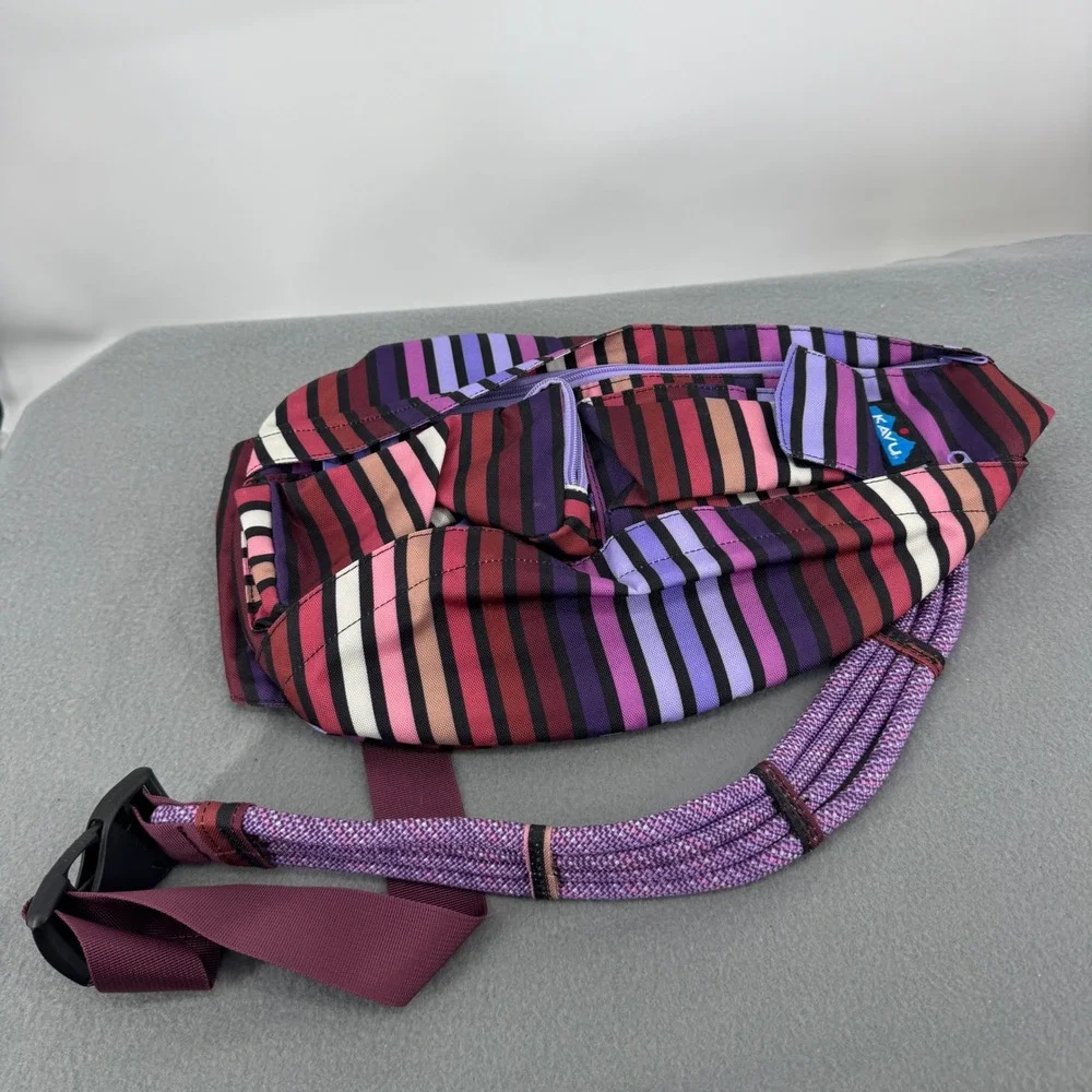 KAVU Rope Sling Bag Purple Pink Multicolor Stripe Crossbody Backpack